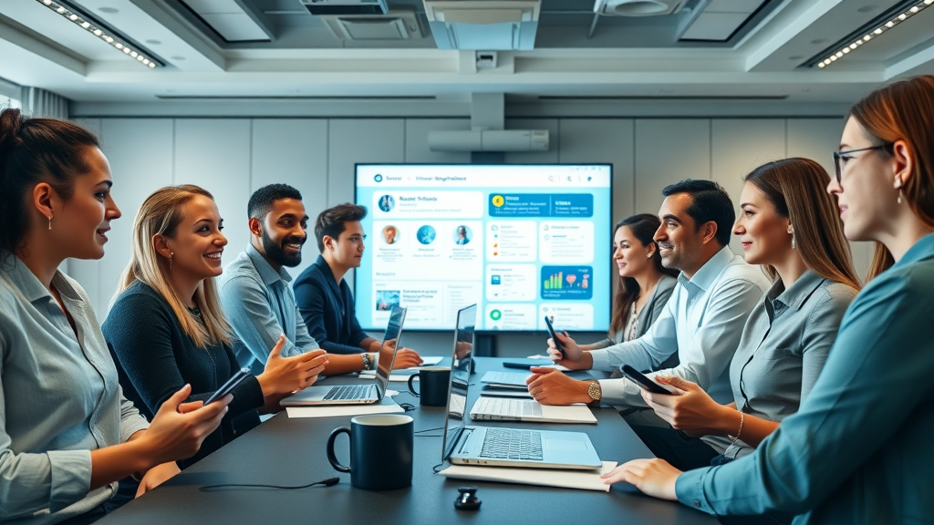 Diverse team receiving reputation management training, using digital tools and interactive presentations