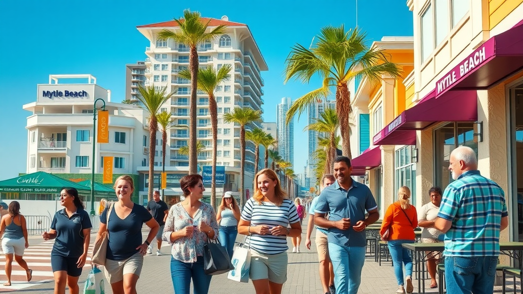 vibrant Myrtle Beach business district oceanfront boulevard with palm trees colorful storefronts myrtle beach business marketing