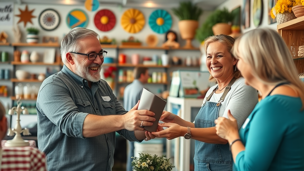 happy Myrtle Beach local merchants, joyful, interacting with customers in a busy shop, Myrtle Beach SEO service success scenario.