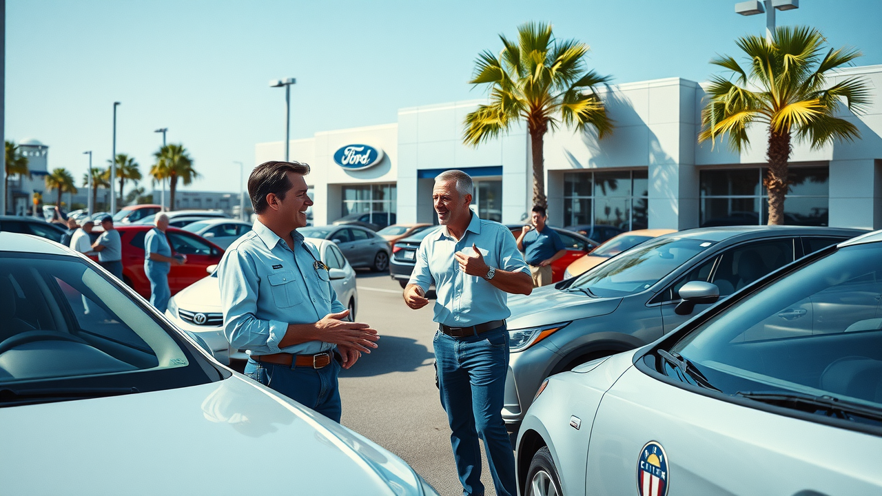 dynamic Myrtle Beach used car dealership with confident staff and parked cars, dealership lot with palm trees, people browsing clean cars, natural daylight