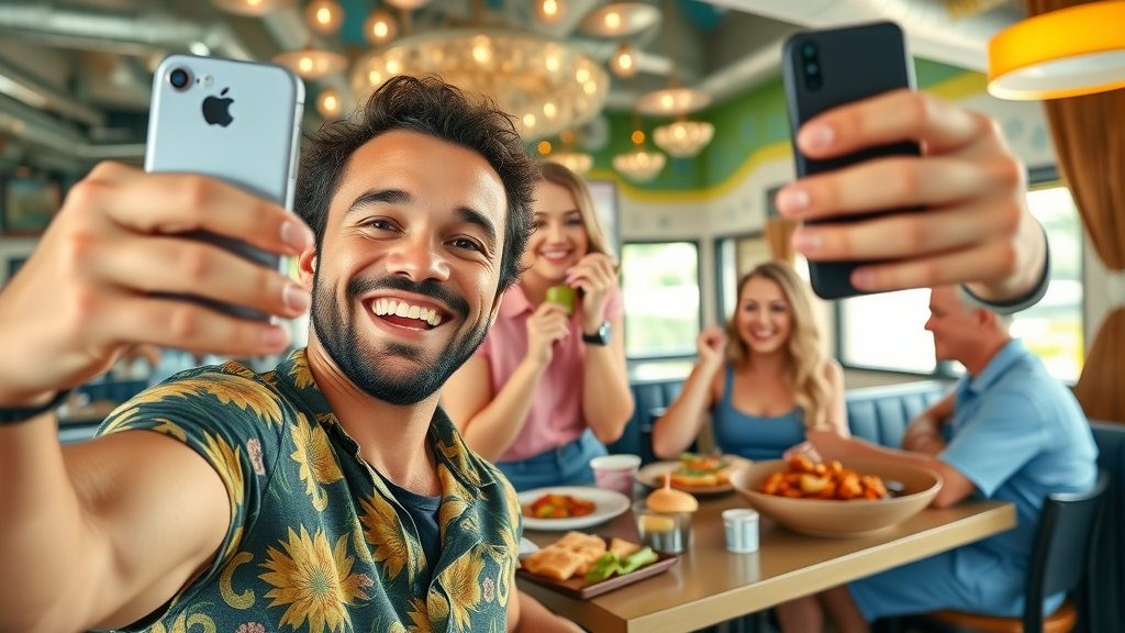Charismatic influencer with Myrtle Beach restaurant staff, energy and celebration for social media marketing