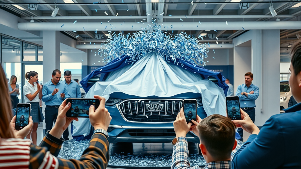 Car dealership social media marketing event, new car reveal with excited customers and staff, Myrtle Beach