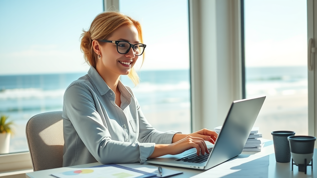 Businesswoman analyzing website SEO in a coastal-view Myrtle Beach office, open laptop, satisfied expression, detailed paperwork