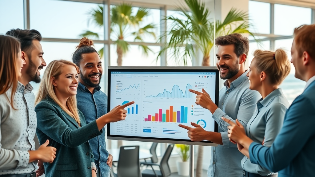 modern marketing team collaborating around a digital dashboard displaying social media analytics charts in a Myrtle Beach office
