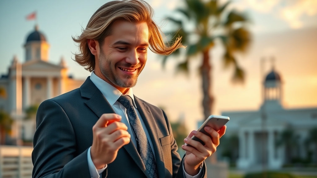 Professional Myrtle Beach attorney smiling holding smartphone using Facebook with skyline and courthouse in background