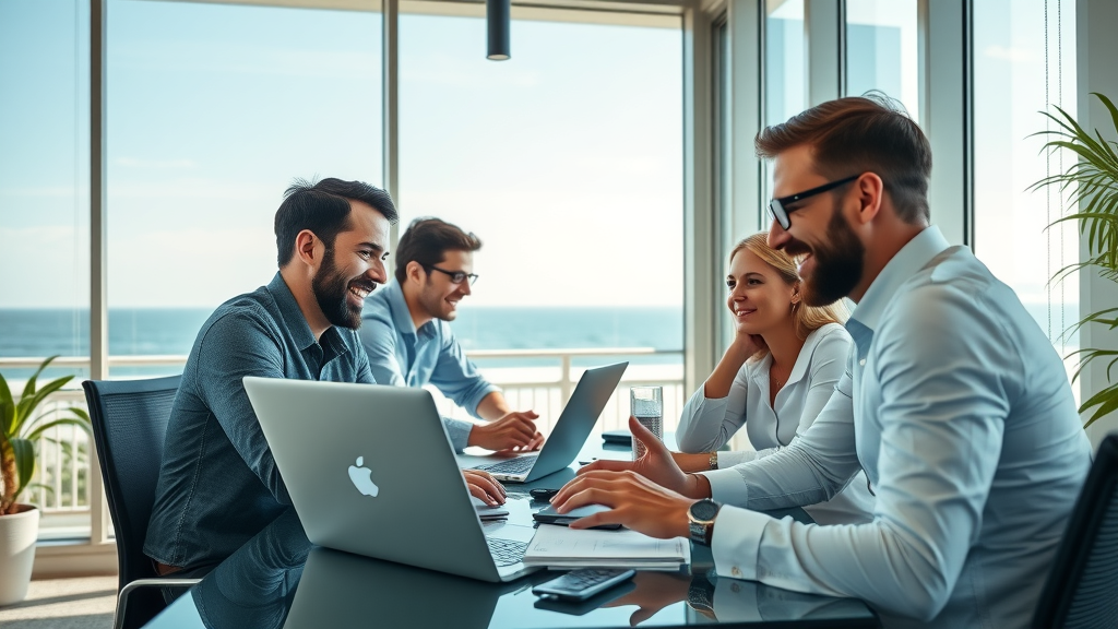 local seo myrtle beach Modern digital marketing agency in Myrtle Beach with SEO specialists analyzing performance, coastline visible through windows