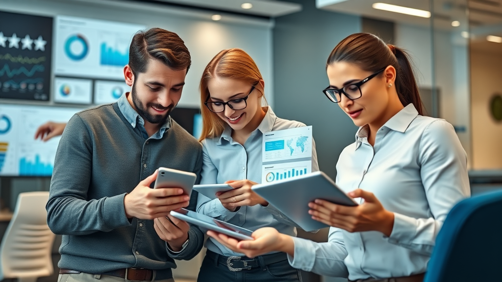 Business reputation monitoring team analyzing online reviews and digital dashboards in a modern office environment