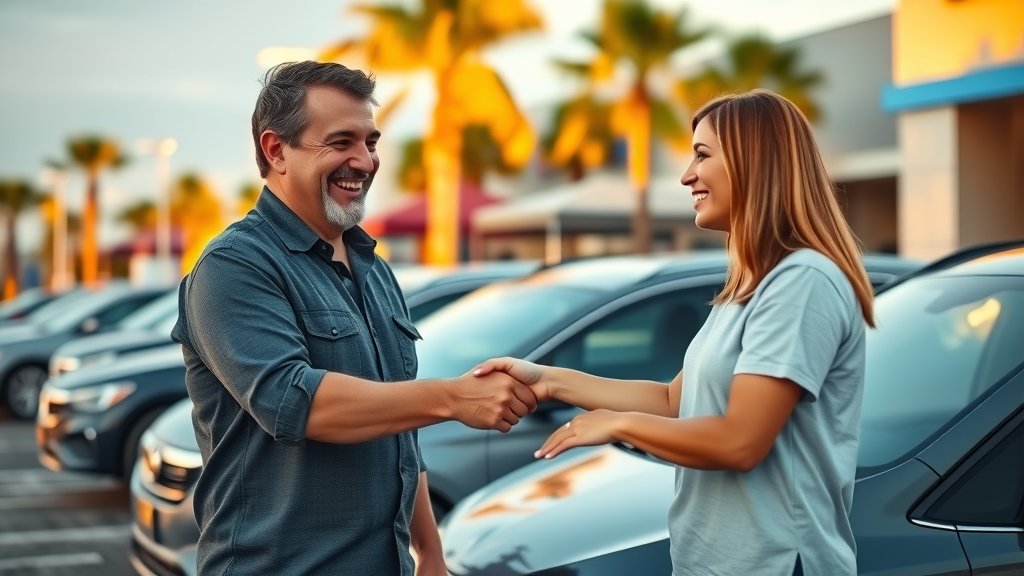 happy local car buyer at myrtle beach dealership shaking hands after sale