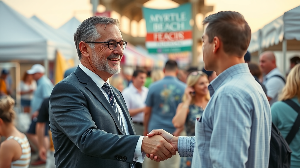 Friendly attorney networking with business leaders at Myrtle Beach community event