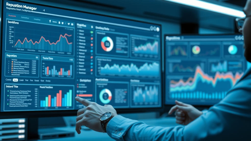 Modern reputation management software dashboard showing analytics, sentiment analysis, and review management tools