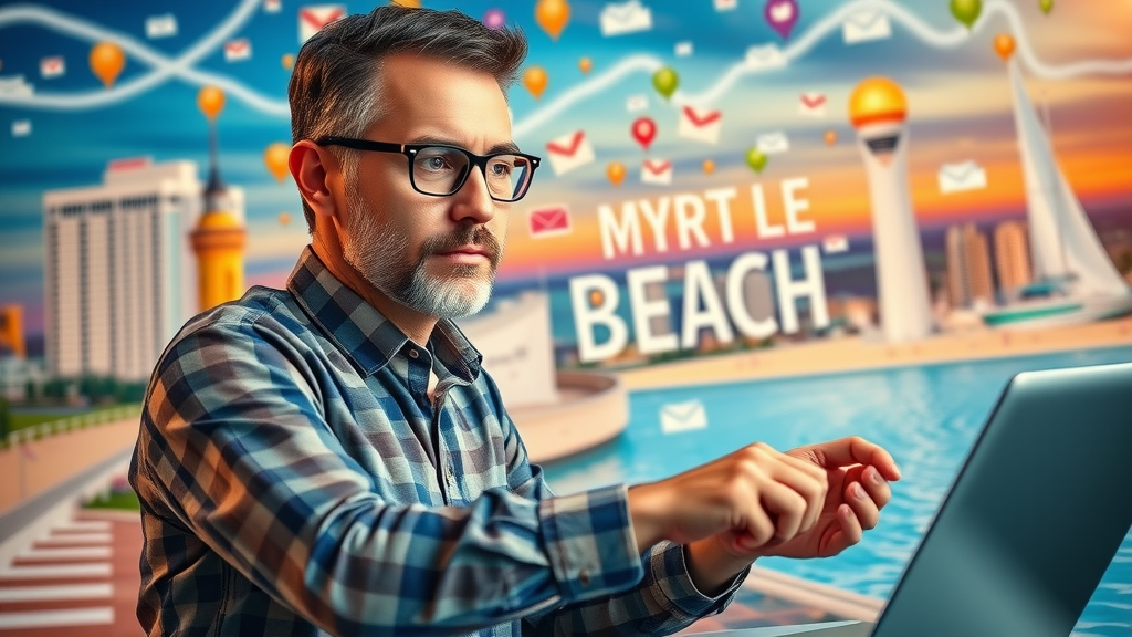 Digital marketing manager planning Myrtle Beach internet marketing campaign, colorful board with cross-channel marketing strategy, SEO and social media integration.