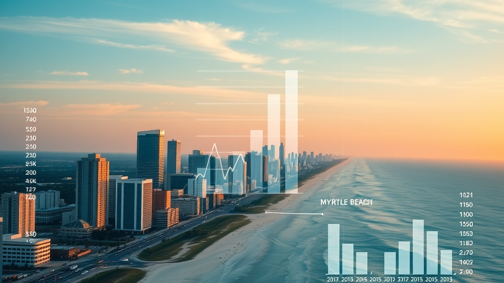 vibrant Myrtle Beach skyline with digital graphs on business search growth, oceanfront business district