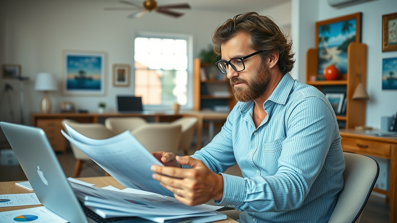 Myrtle Beach business owner reviewing SEO reports and analytics in bright office with beach-themed decor, photorealistic