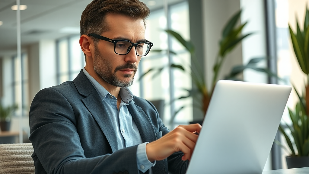 professional business owner reading online customer reviews attentively using review response techniques