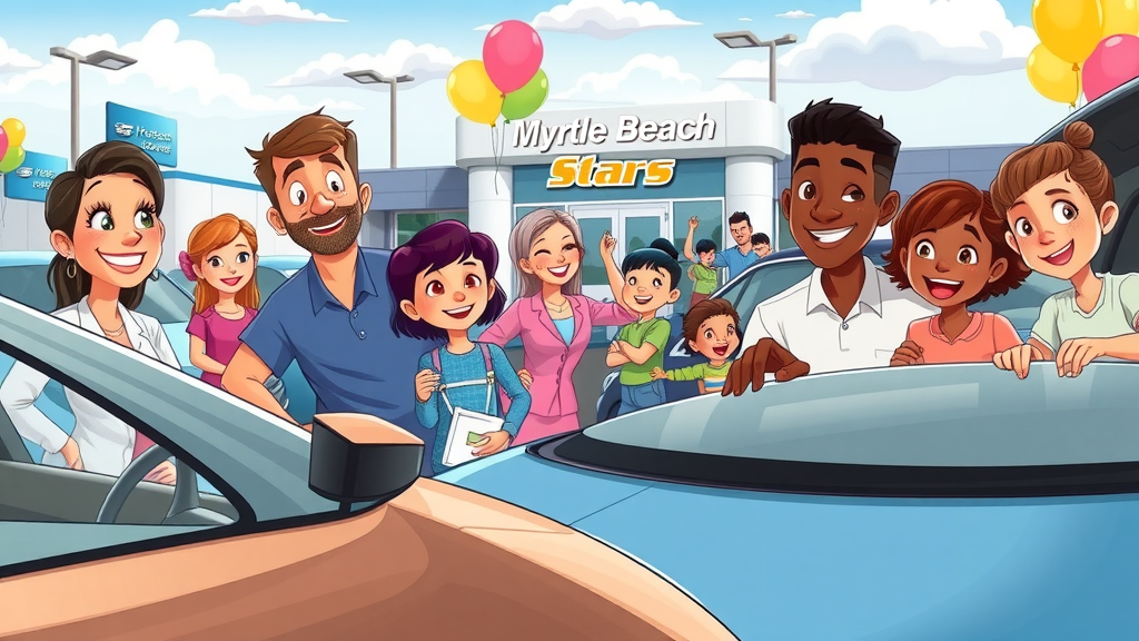 community-focused car dealership event in Myrtle Beach, families and staff engaging, cheerful atmosphere
