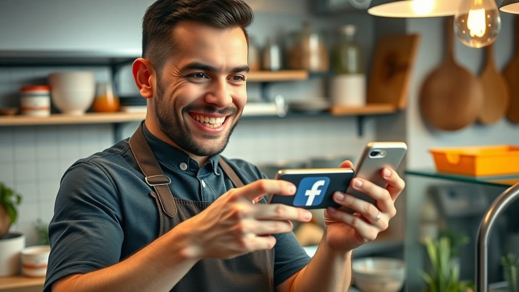 Restaurant owner in Myrtle Beach posting to social media in a vibrant kitchen - social media marketing foundation