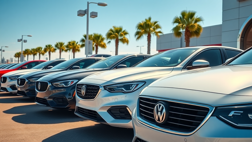 sleek quality vehicles lined up on myrtle beach dealership lot under blue sky
