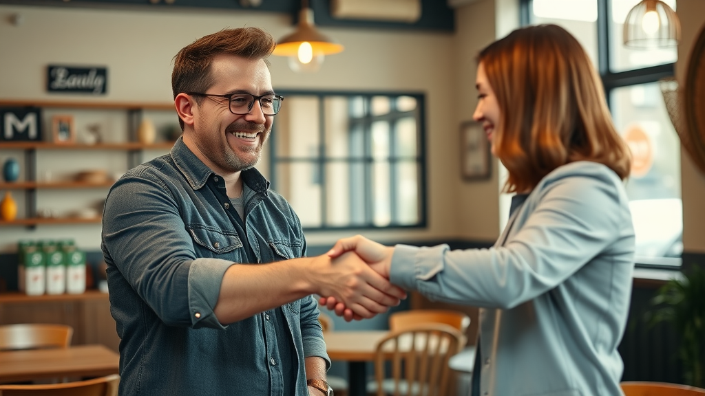local seo myrtle beach Small business owner shaking hands with digital marketer in Myrtle Beach café