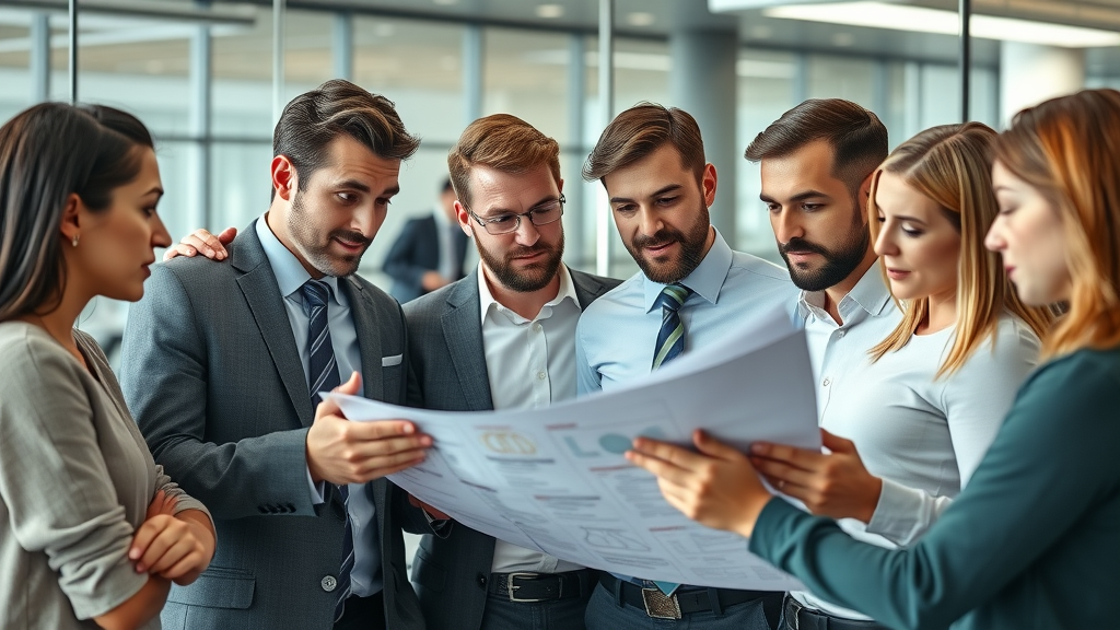 business team collaborating on brand reputation building strategy in a contemporary office