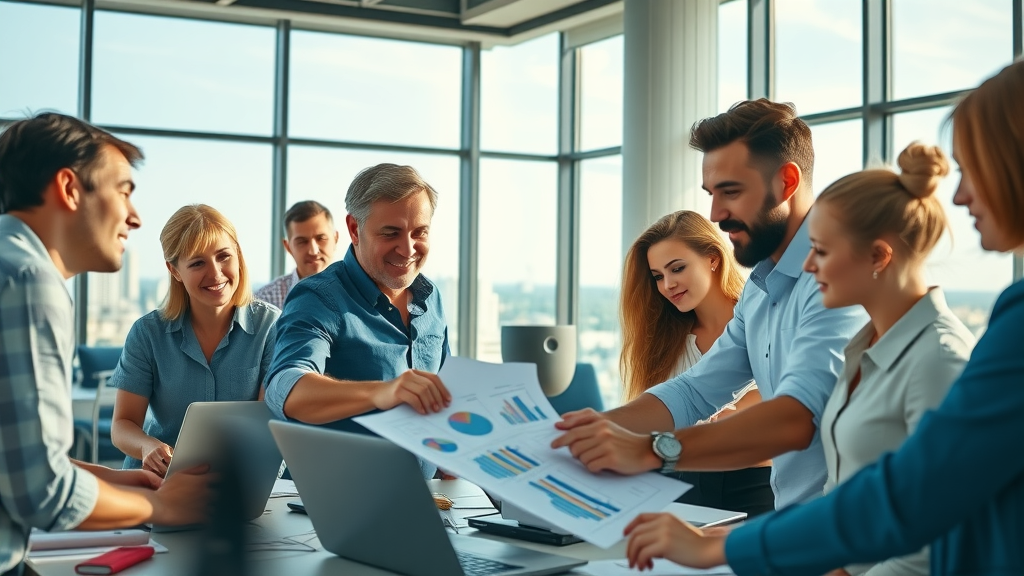 Dynamic team of Myrtle Beach digital marketing agency collaborating over charts and laptops