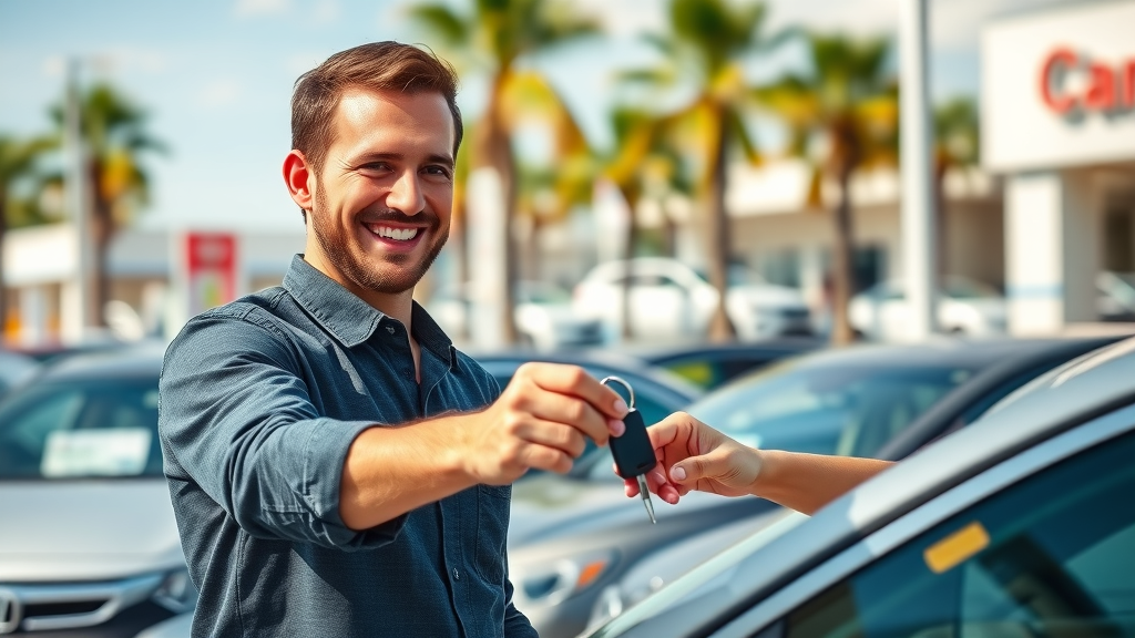 trustworthy car salesperson handing car keys to happy customer at Myrtle Beach dealership lot, palm trees, cars, vibrant summer colors