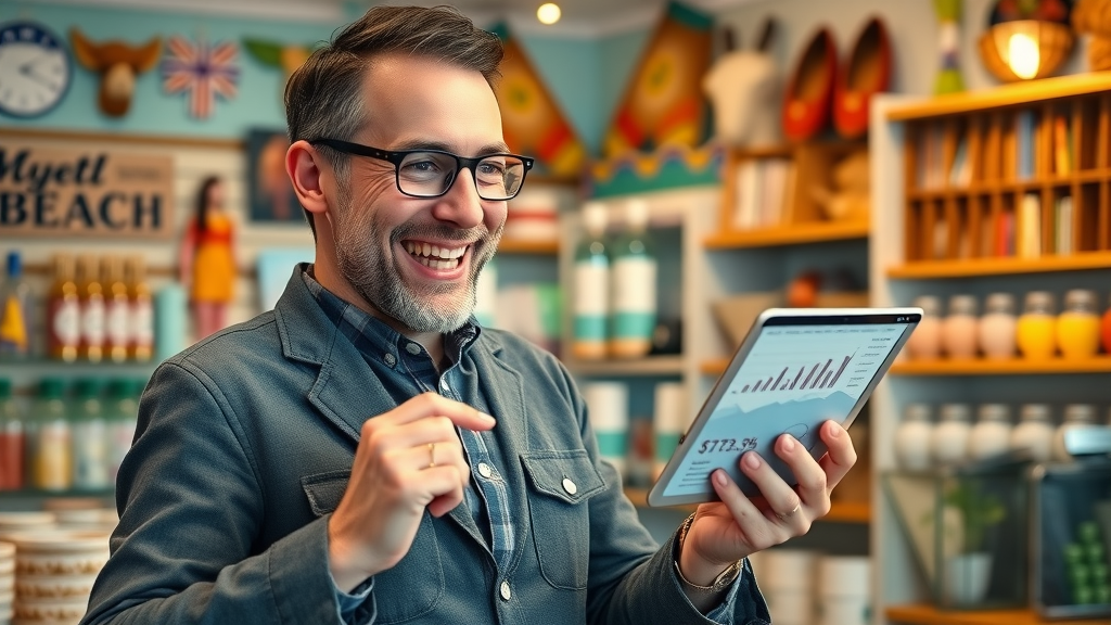 Happy small business owner in Myrtle Beach reviewing digital marketing sales analytics on a tablet