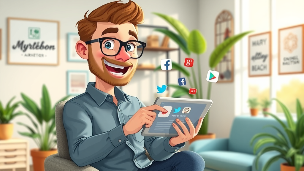 Local Myrtle Beach marketer posts business content on social media, brand icons, sunlit palm office, high engagement