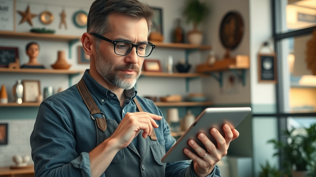 Helpful business owner calmly responding to a negative online review on a tablet, exemplifying reputation management best practices.