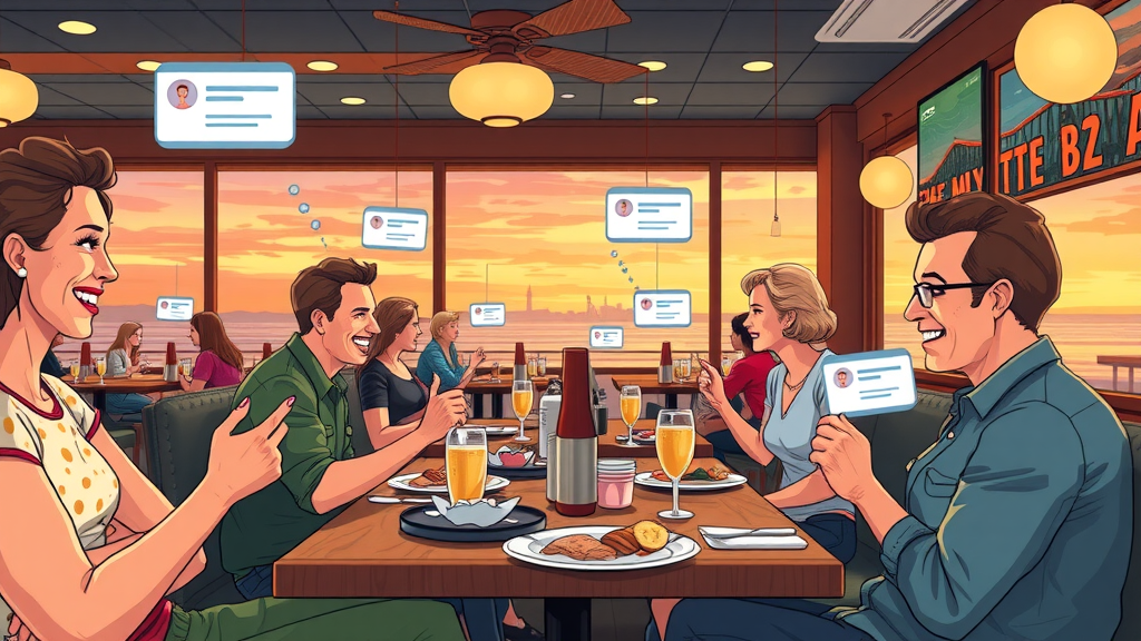 affordable social media marketing myrtle beach - cheerful restaurant scene showing diners and digital engagement icons