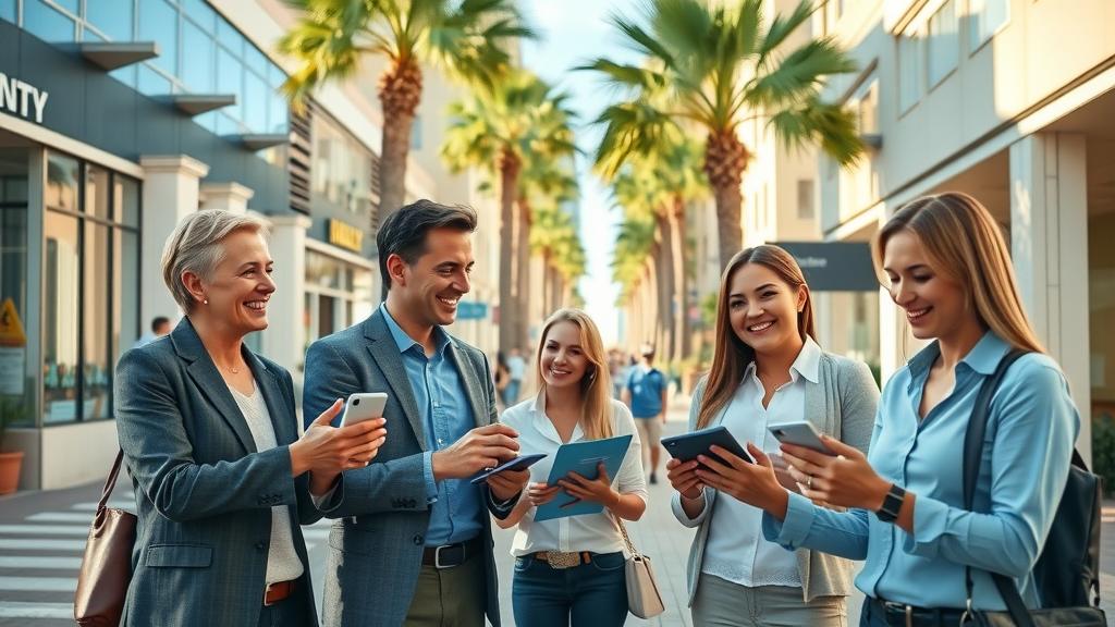 Vibrant Myrtle Beach business district with professionals collaborating and using digital devices for Myrtle Beach online marketing