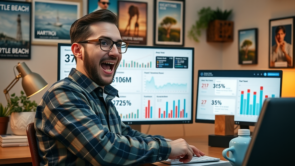 Digital marketing dashboard with Myrtle Beach SEO performance, business owner analyzing positive traffic and rankings