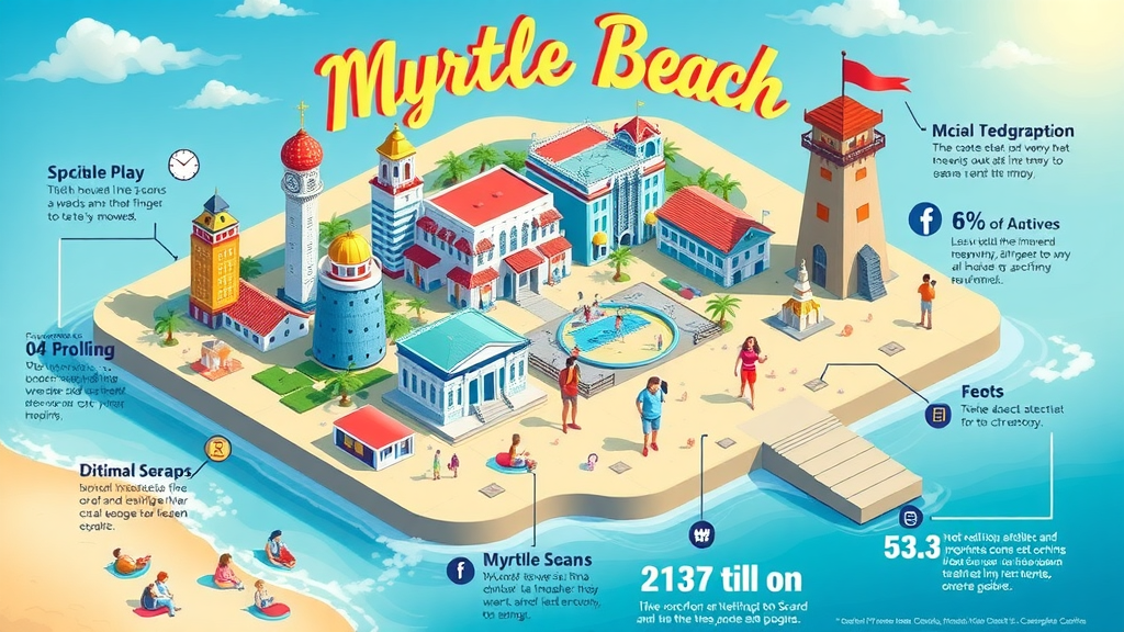 social media strategies Myrtle Beach infographic, local landmarks and popular social media icons blended