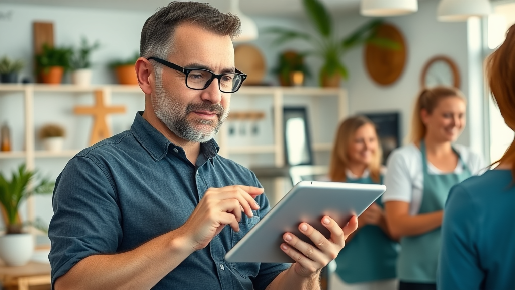 Organized Myrtle Beach business owner implementing reputation marketing for myrtle beach businesses, checking digital reviews with staff