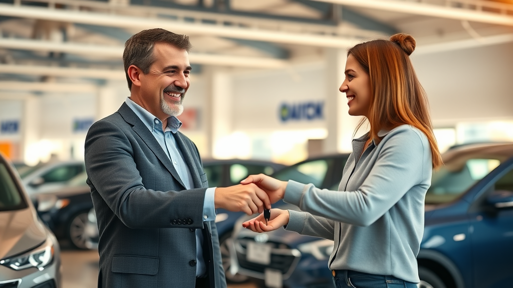 car salesperson shaking hands with customer, handing over car keys in Myrtle Beach car dealership showroom, loyal customers, new car buying experience