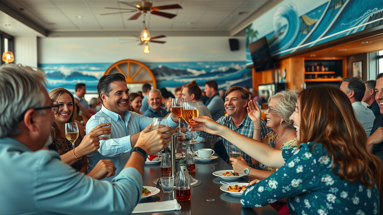 Successful Myrtle Beach restaurant manager toasting with happy customers, energetic crowd and ocean mural