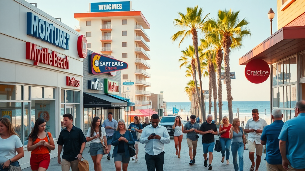 social media management myrtle beach business district with thriving brands vibrant coastal architecture and people interacting with smartphones