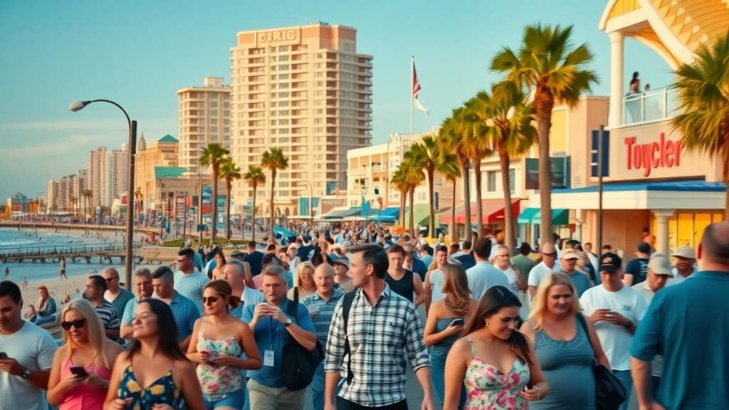 social media strategies myrtle beach, vibrant cityscape with locals engaging on smartphones, Myrtle Beach boardwalk, high detail, golden hour