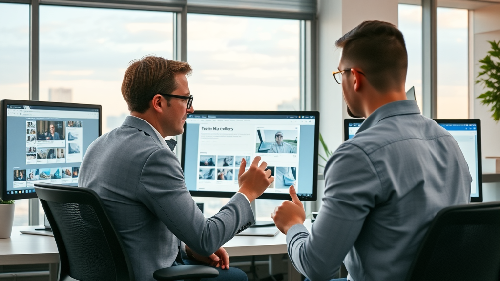 dynamic website design process at Myrtle Beach SEO company. Informed designers review responsive layouts with Myrtle Beach skyline visible.