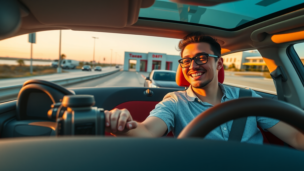 Young automotive influencer recording a car test drive with Myrtle Beach dealership manager on scenic coastal road