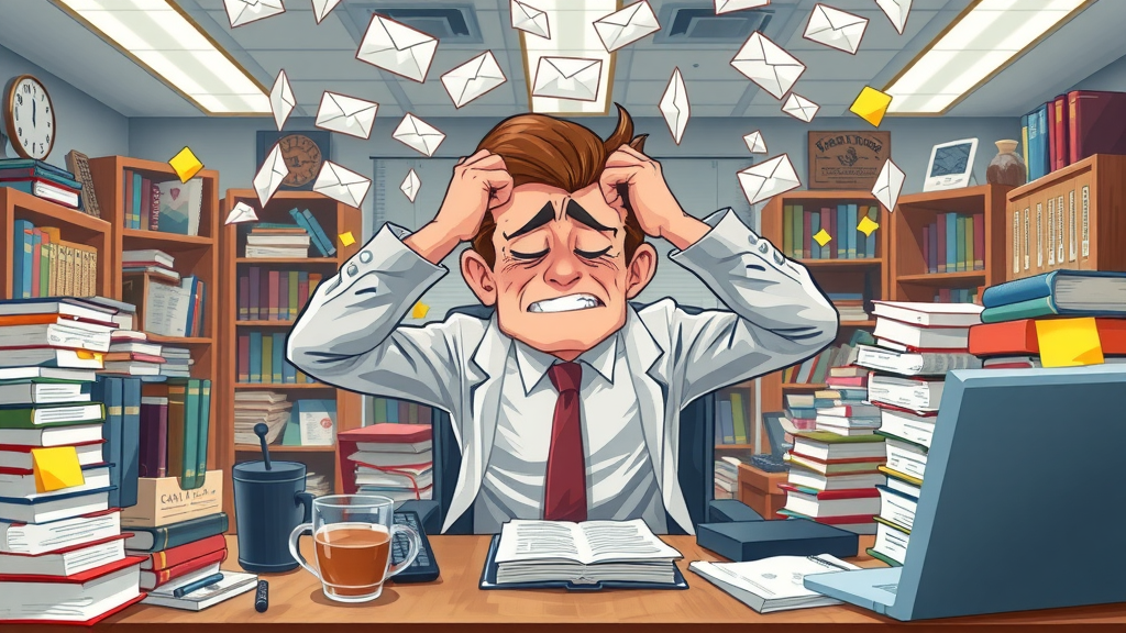 Unorganized attorney desk with frustrated lawyer overwhelmed by online notifications