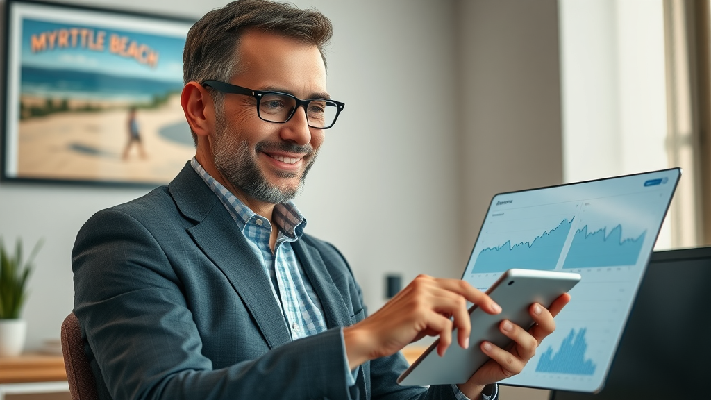 affordable social media marketing myrtle beach - focused business owner analyzing performance dashboard in professional Myrtle Beach office