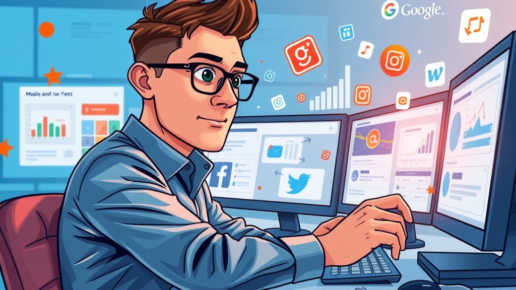 modern marketer managing car dealership marketing on digital platforms like Google, Facebook, Instagram, showing workspace with social media icons, Myrtle Beach auto sales