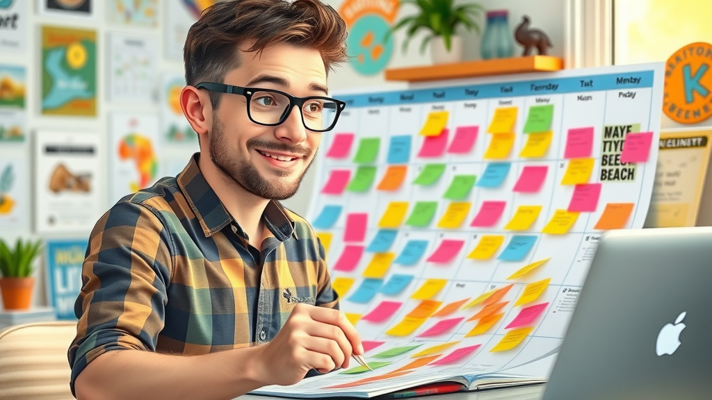 content creator creating a Myrtle Beach content calendar with sticky notes and themes