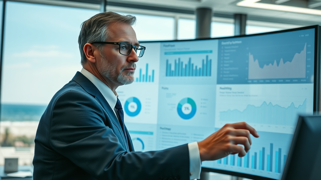 Attorney in Myrtle Beach office analyzing social media marketing analytics on modern dashboard