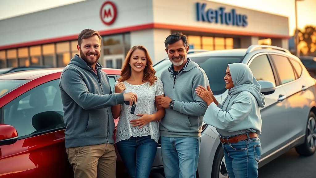Happy Myrtle Beach car dealership customers receiving keys for their new car, social media marketing success