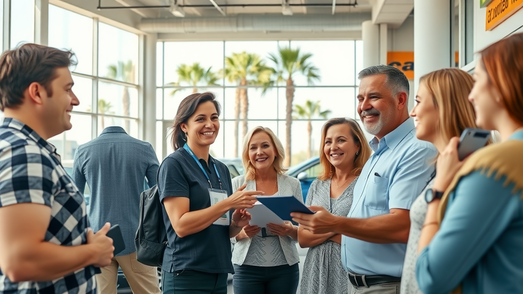 vibrant car dealership in Myrtle Beach with satisfied customers and sales staff, modern automotive showroom, palm trees