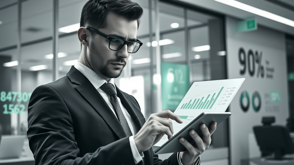 Business executive reviewing cost-benefit analysis for reputation monitoring tools and software ROI