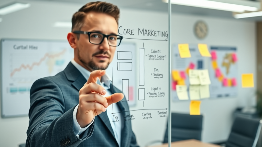 Professional marketer outlining four core marketing strategies on a glass board, illustrating the link with reputation marketing.