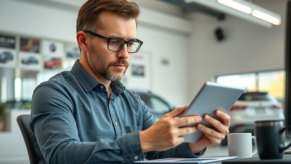 car dealership manager in Myrtle Beach reviewing online reputation metrics and customer reviews on a tablet