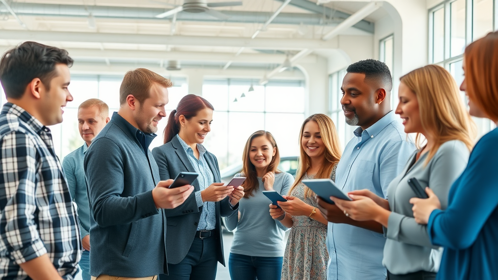 Dynamic Myrtle Beach car dealership team reviewing online feedback with diverse customers, bright modern showroom - best car dealership reputation management in myrtle beach